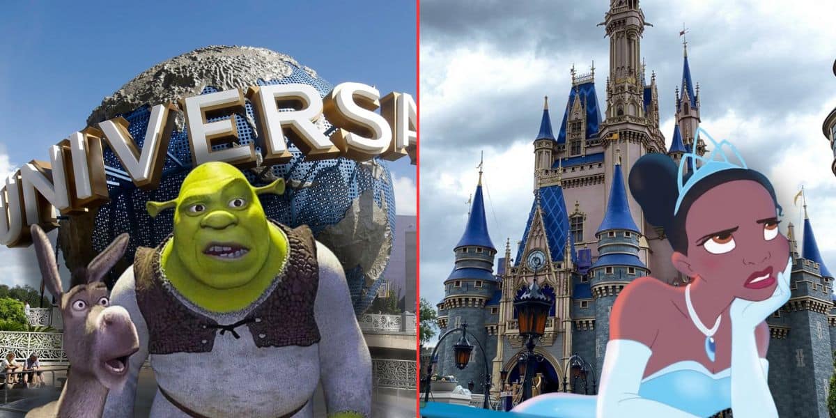 Split image: Left side features Shrek and Donkey in front of the Universal Studios globe; right side displays Cinderella Castle with Princess Tiana from Disney.