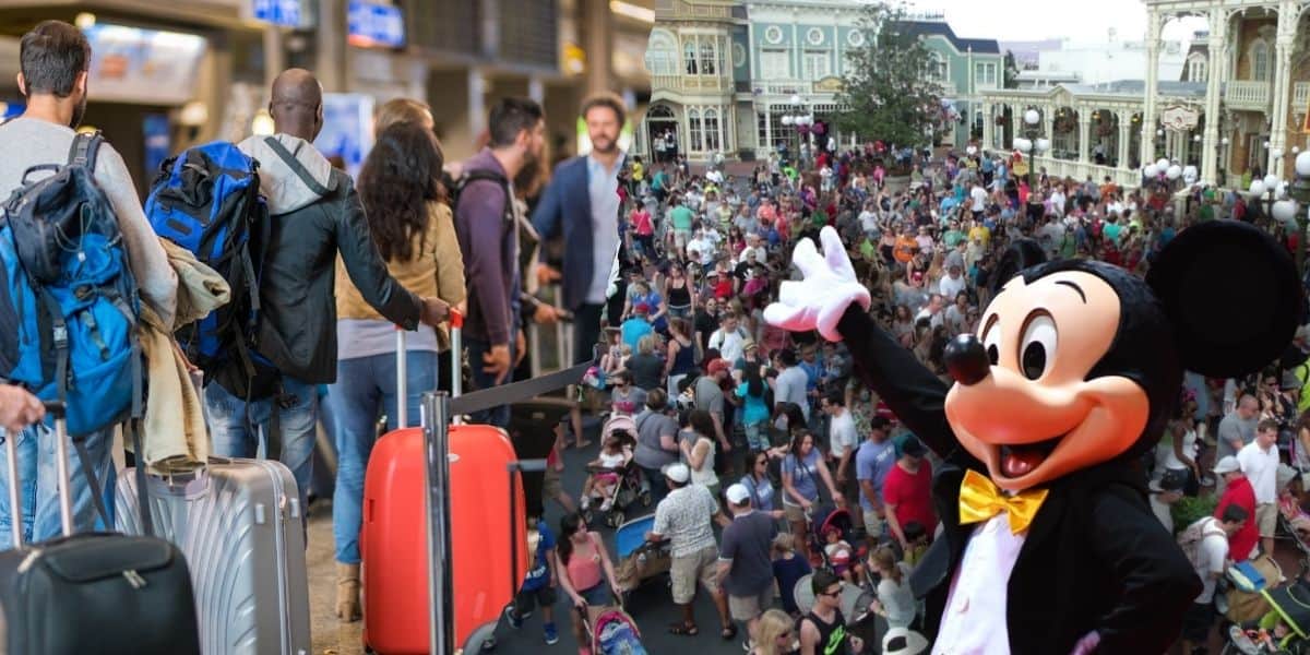 Composite image: On the left, travelers with backpacks and suitcases wait in line at an airport. On the right, a crowded Disney amusement park filled with people. In the foreground, Mickey Mouse (character) waves at the crowd.