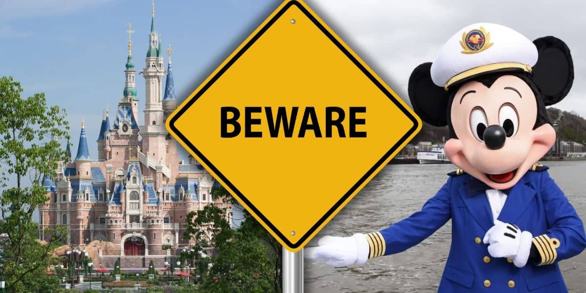 A large yellow warning sign with the word "BEWARE" in black text stands between an image of the Cinderella castle inside Magic Kingdom surrounded by greenery on the left and an image of Mickey Mouse in a sailor outfit on the right, serving as a travel warning for international Disney vacationers.