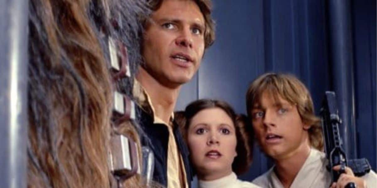 Chewbacca (Peter Mayhew), Han Solo (Harrison Ford), Princess Leia (Carrie Fisher), and Luke Skywalker (Mark Hamill) in 'A New Hope'