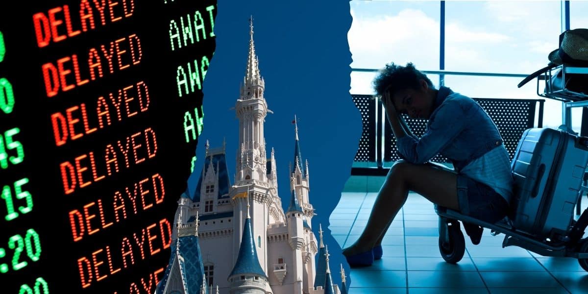 A person sits at an airport, looking distressed, leaning on luggage. One side shows a flight board displaying "DELAYED" multiple times. There is also an image of the Cinderella castle at Disney World, suggesting a disrupted trip to a theme park.