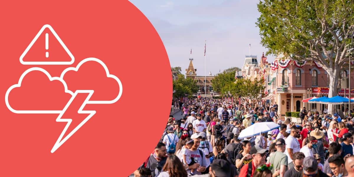 Split image: left side shows a weather alert icon with storm clouds and lightning over a red background, right side depicts a crowded street at Disneyland on a sunny day.