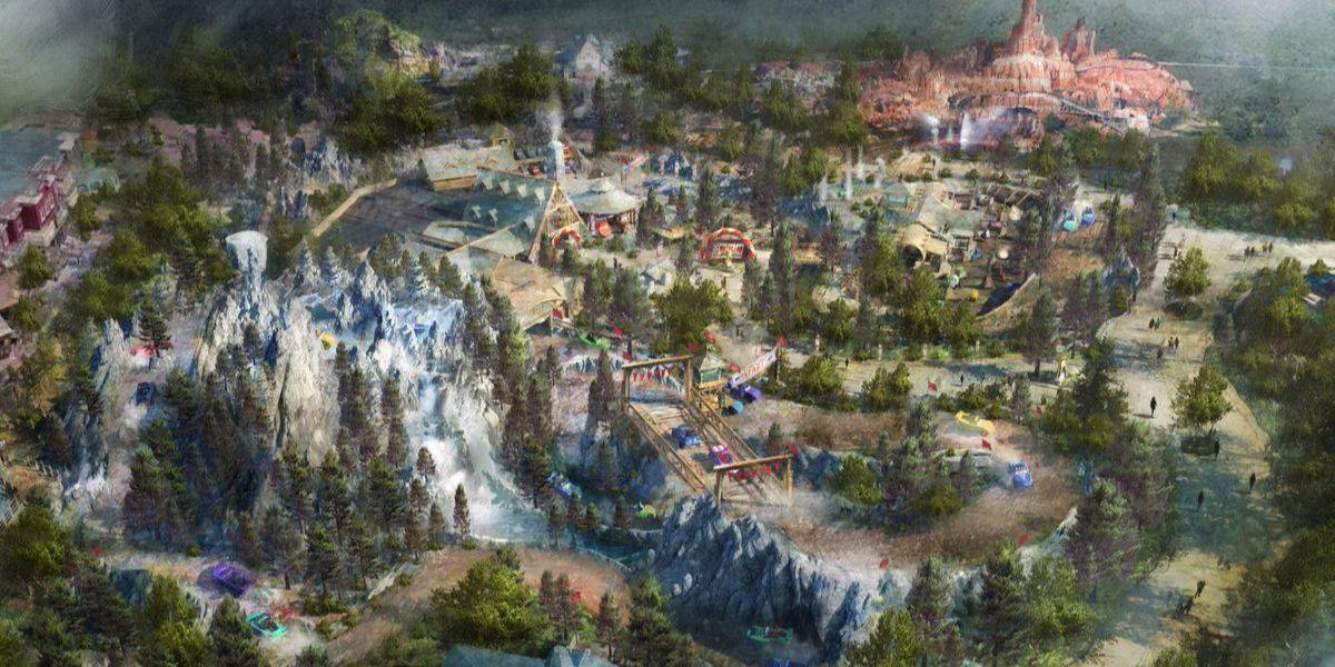 Aerial view of the 'Cars' area in Frontierland in concept art.