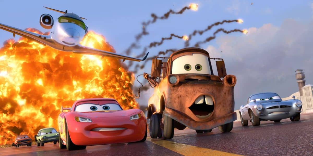 Lightning McQueen and Mater drive away from fire