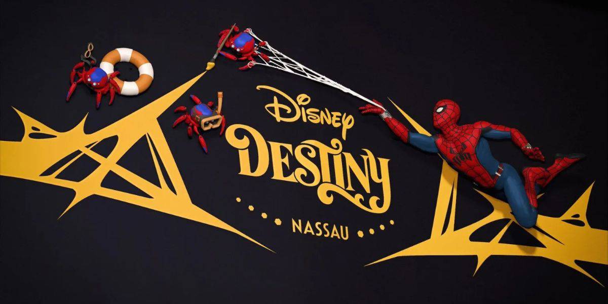 A black and yellow sign displays "Disney Destiny Nassau" with a spider web held by a Spider-Man figure on the right and two smaller spider-like characters on the left. A life preserver is on the top left, framed by intricate web patterns. This new icon celebrates Disney Cruise Line’s 29-year tradition.