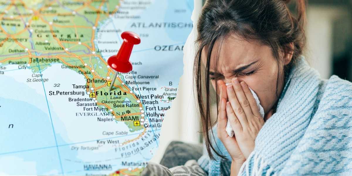 Map of Florida (L) and woman sneezing (R)