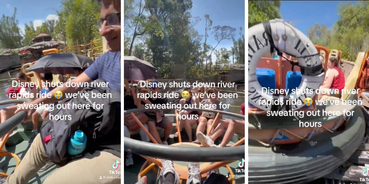 Three stills from a video of guests stuck on Kali River Rapids in the sun.