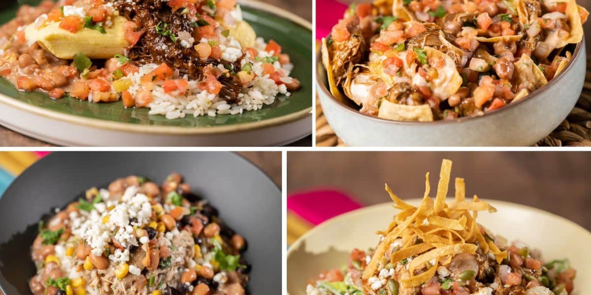 A collage of four Mexican dishes. Top left: an enchilada with rice, beans, and salsa. Top right: a bowl of nachos with beans and chopped vegetables. Bottom left: a bowl of rice, beans, veggies, and cheese. Bottom right: a bowl with shredded meat, beans, and tortilla strips—all fit for a Magic Kingdom feast!