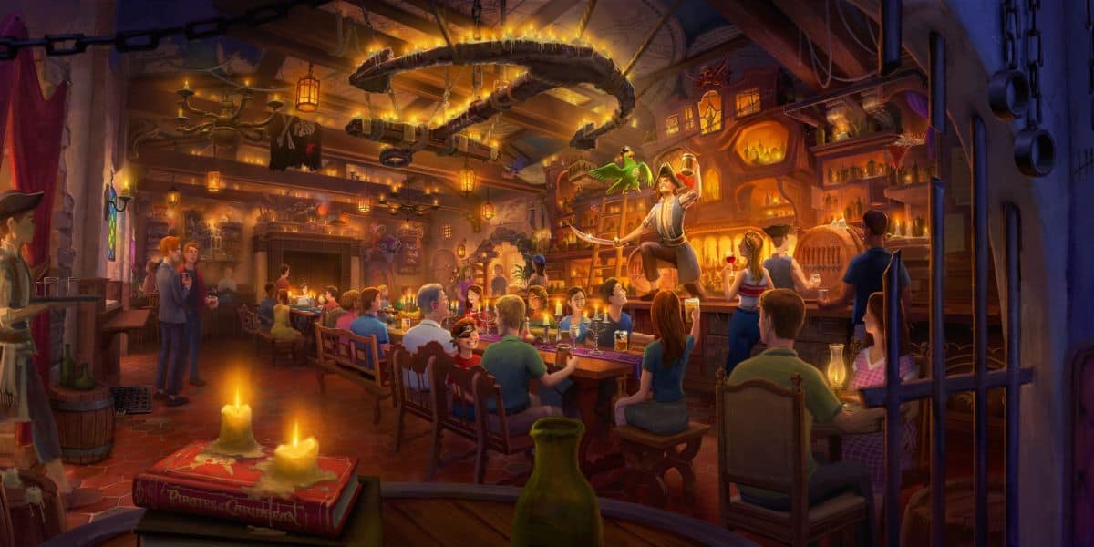 Concept art for the Pirates of the Caribbean ride themed lounge at Magic Kingdom Park.