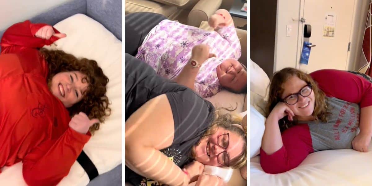 Three screenshots from a video of plus size guests testing out murphy and sofa beds at Walt Disney World Resort hotels.