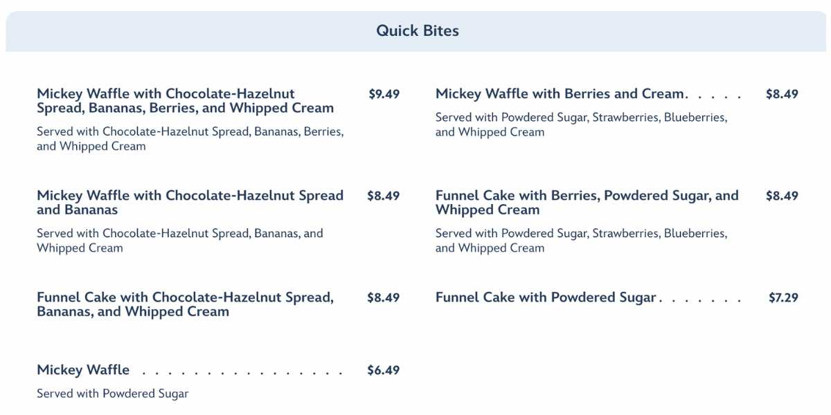 Sleepy Hollow menu at Walt Disney World