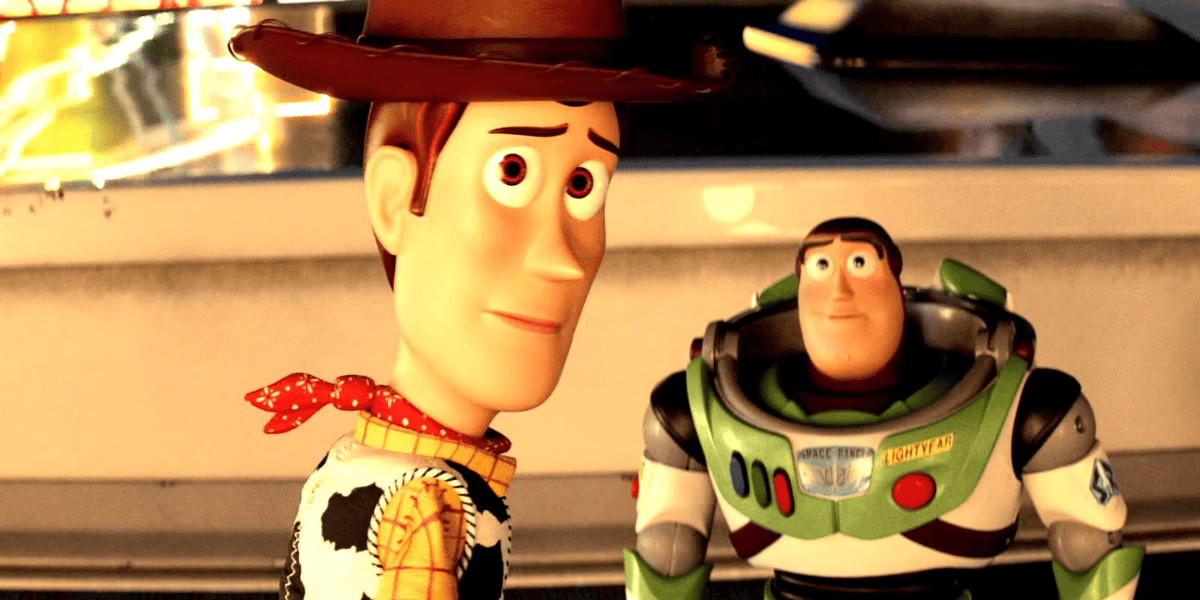 Animated characters woody and buzz lightyear from toy story, standing side by side, woody wearing a cowboy hat and buzz in his space ranger suit.