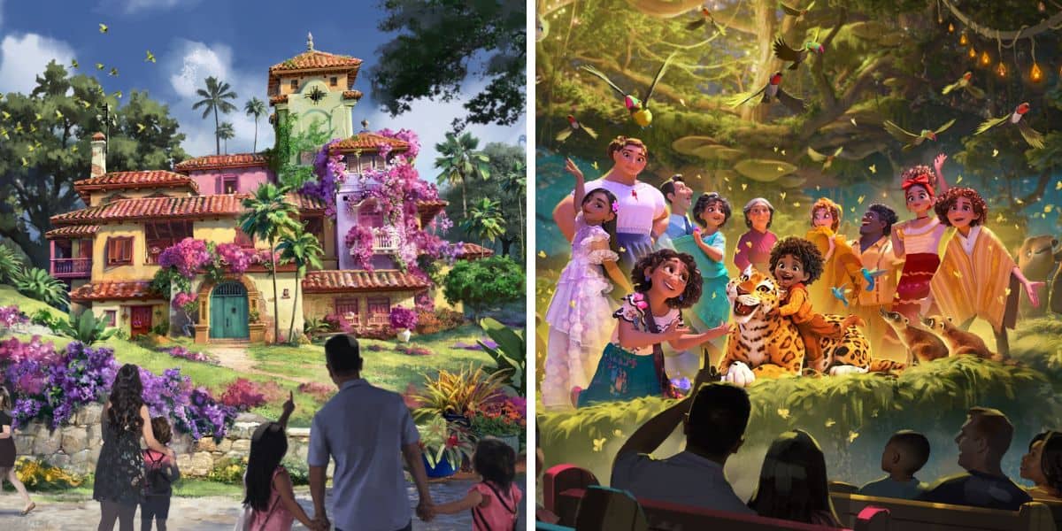 A split image of two pieces of concept art: On the left, guests walk up to Casita. On the right, guests are riding the upcoming 'Encanto' attraction at Disney's Animal Kingdom.