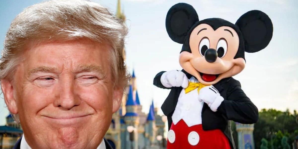 A performer costumed as Mickey Mouse with Donald Trump, smiling, superimposed next to him.