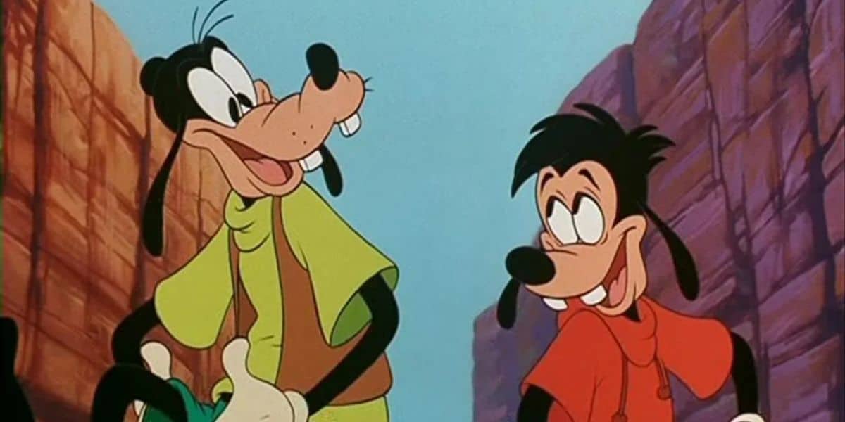 Goofy and his son Max Goof walking together and smiling in a scene from 'A Goofy Movie'