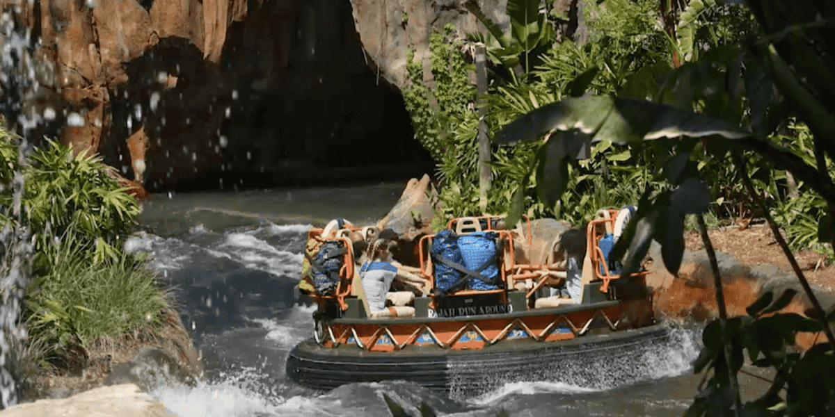 Guests experiencing Kali River Rapids, Disney ride at Disney's Animal Kingdom in Disney World.