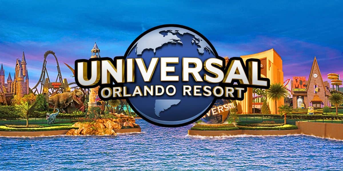 Logo of Universal Orlando Resort with a globe in the background. The image showcases exciting attractions at the Universal theme park, including a roller coaster, palm trees, and various themed buildings, all set against a bright blue sky.