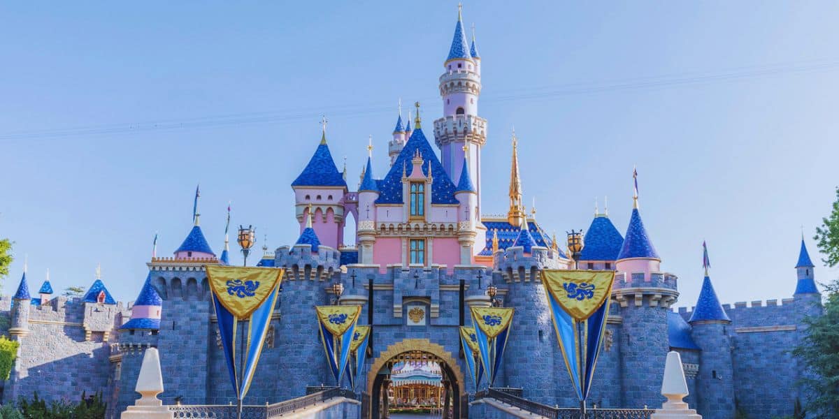 A wide shot of the front of Sleeping Beauty Castle at Disneyland Park in California.