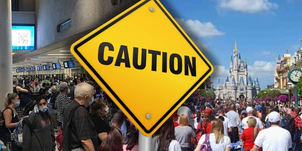 A yellow caution sign is superimposed on a split image; one side shows a crowded Orlando International Airport terminal and the other displays a busy scene at Disney World.