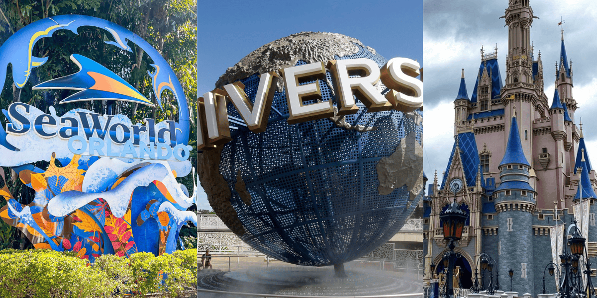 A collage of three theme park landmarks central to Florida tourism: the colorful SeaWorld Orlando sign, Universal's rotating globe fountain, and Disney's Cinderella Castle under a blue sky.