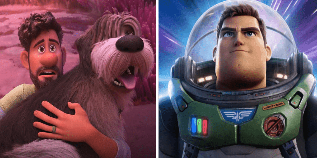 Left: Searcher Clade holds his dog, looking confused. Right: Buzz Lightyear looks confidently up at a rainbow sky.