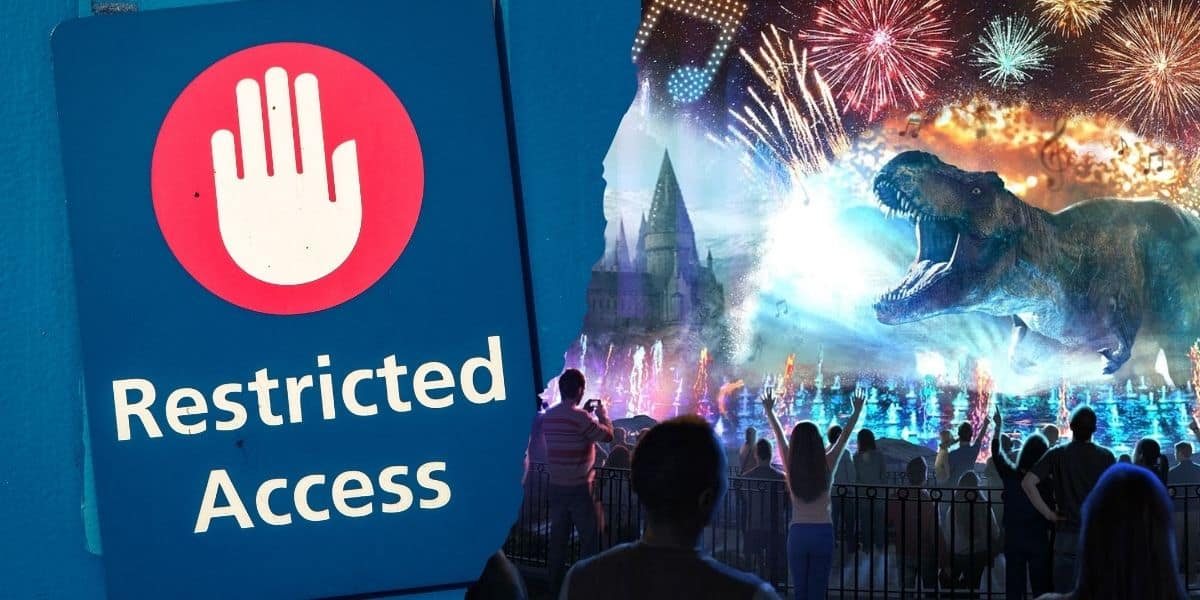 A "restricted access" sign with a red hand symbol is on the left, juxtaposed against an image of people watching fireworks and a dinosaur hologram at a Universal illuminated event on the right.