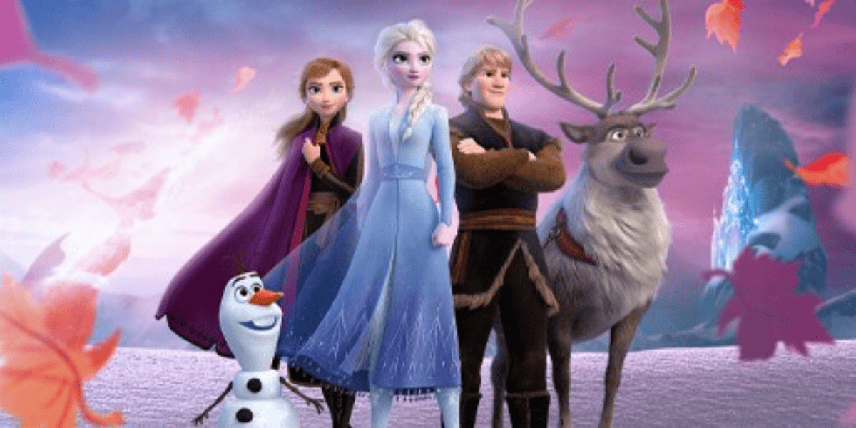 The image features characters from the animated movie "Frozen II," voiced by talents like Kristen Bell, standing together against a magical, snowy background. From left to right: Olaf the snowman, Anna, Elsa, Kristoff, and Sven the reindeer. Fall leaves are scattered around them.