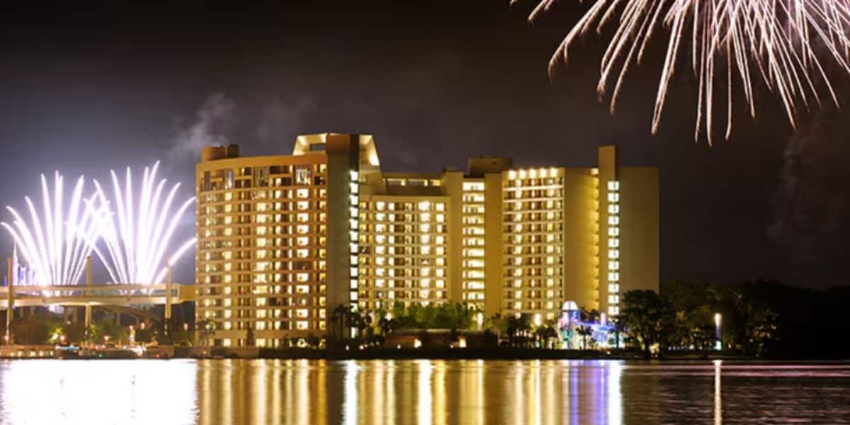 Fireworks above Bay Lake tower at Disney World