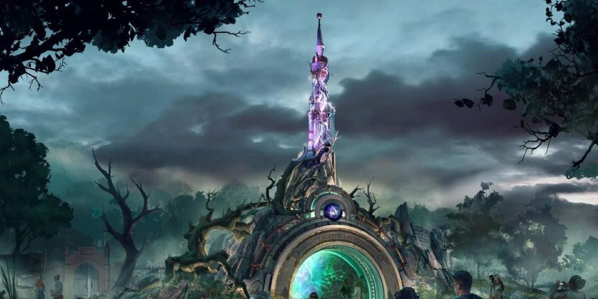 The entrance to Dark Universe, an immersive land inspired by classic and new Universal monsters coming to Universal Epic Universe in Universal Orlando Resort