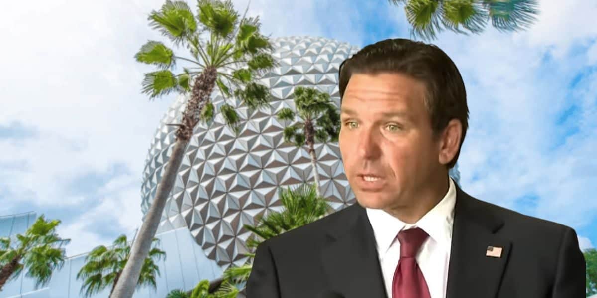 Ron DeSantis, with a shocked expression, against the iconic Disney World EPCOT.