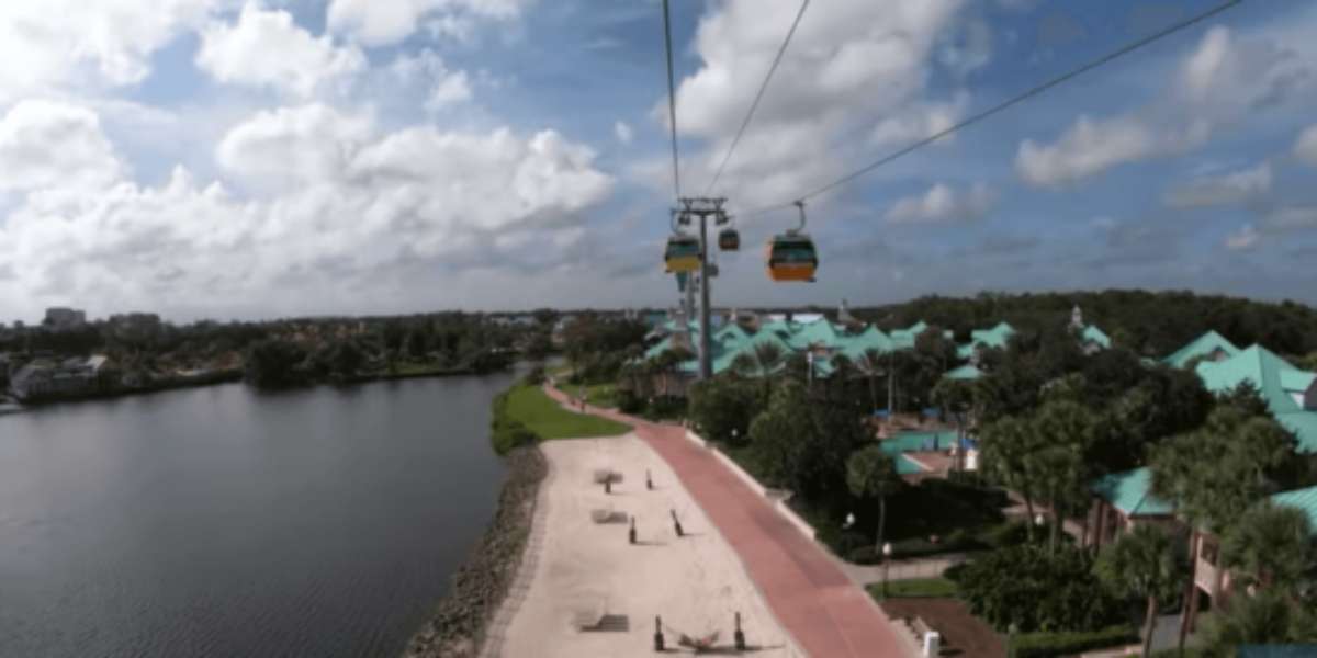 Skyliner heading over Caribbean Beach Resort at Disney World, one of the park's many hotels