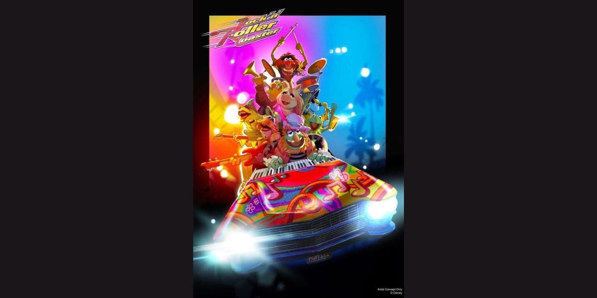 Colorful poster of cartoon characters, reminiscent of The Muppets, riding a vibrant, graffiti-covered car. They appear energetic with instruments and microphones, set against a lively, multicolored background featuring silhouettes of palm trees and spotlights.