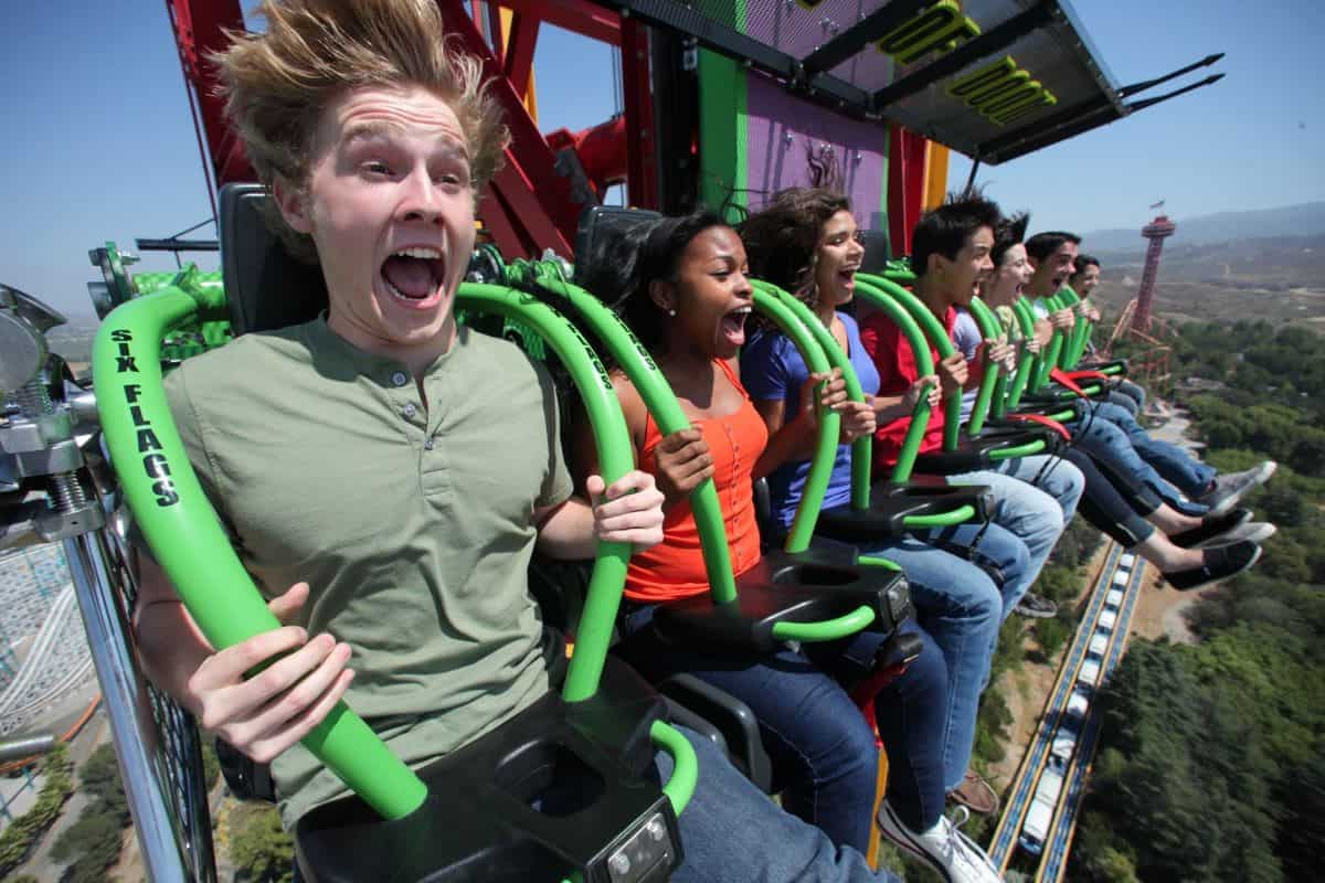 Guests screaming aboard Lex Luthor Drop of Doom at Six Flags Magic Mountain