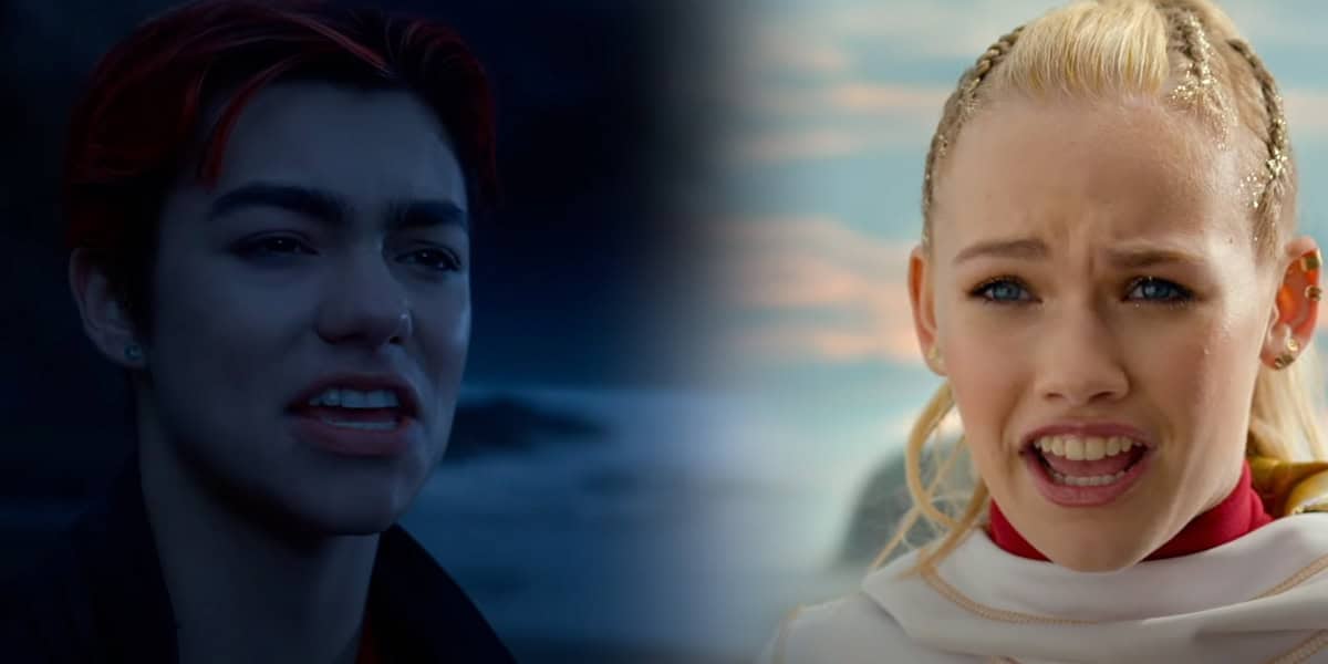 A split image captures two people: on the left, a person with short red hair appears emotional in a dark setting; on the right, a distressed figure in white stands against a bright background—echoing the intensity of ZOMBIES 4.