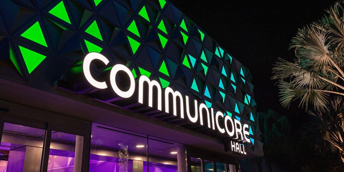Nighttime view of CommuniCore Hall
