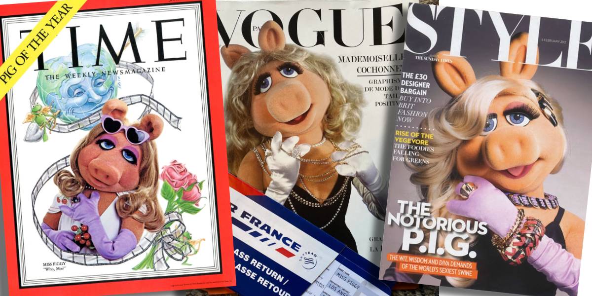 Three magazine covers featuring Miss Piggy dressed glamorously in different outfits, posing as if she is a famous celebrity on TIME, Vogue, and Style magazines.