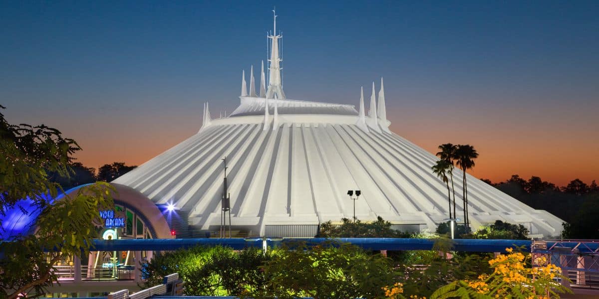 Space Mountain at sunset at Magic Kingdom