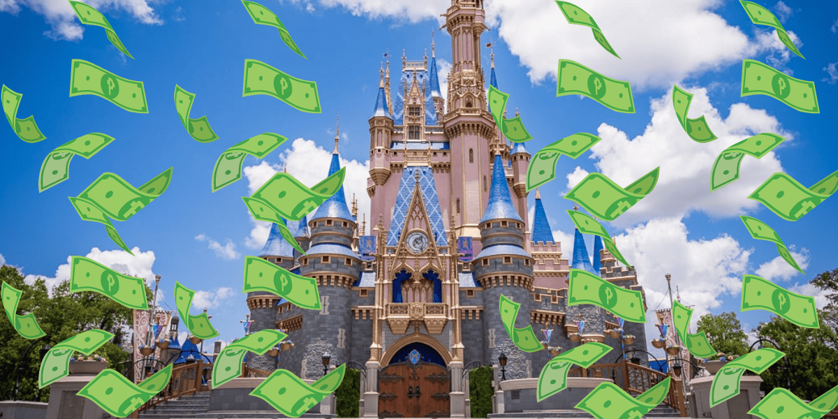 Illustration of numerous dollar bills floating in the air in front of the iconic Disney castle under a clear blue sky with fluffy white clouds.