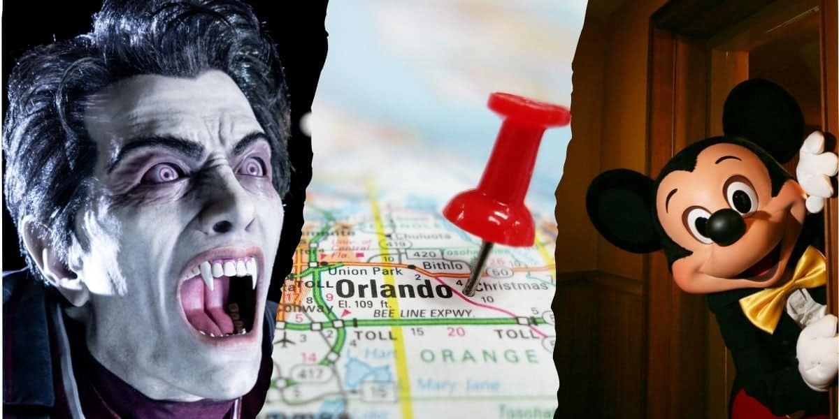 A collage featuring a vampire with pale skin and sharp teeth on the left, a map of Orlando with a red pushpin marking Universal in the center, and Mickey Mouse at Disney World peeking from behind a door on the right.