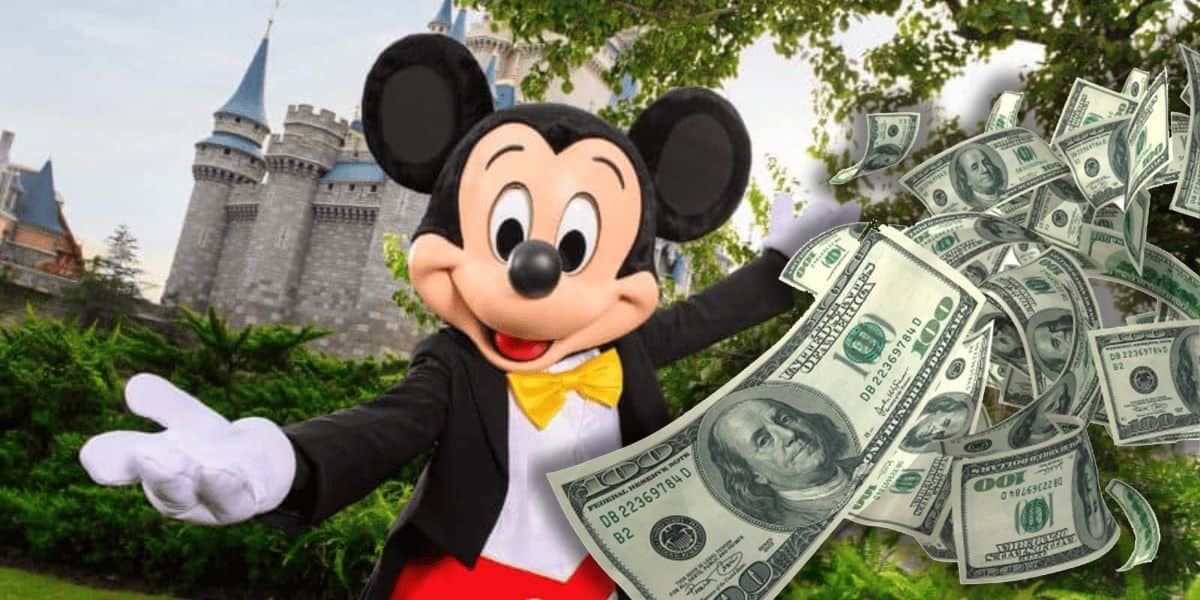 Disney World 2024- Disney's governing district - Mickey Mouse holding his hands out in front of the Walt Disney World Cinderella Castle with money falling from the sky.