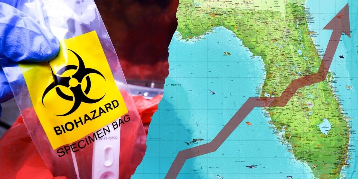 A composite image contrasting a medical professional holding a biohazard specimen bag with a map showing an upward trend, possibly illustrating the spread of a disease or a health alert across different regions, including Disney World.
