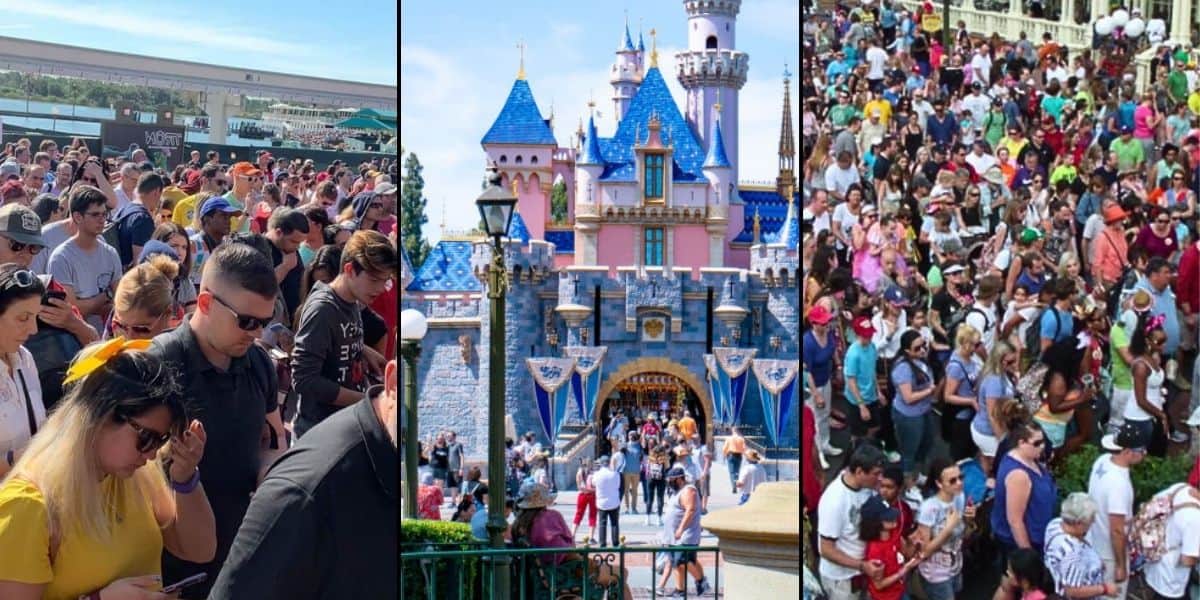 A collage of three images showing crowded scenes at Disneyland, with visitors waiting under the sun, and a close-up view of a fairy tale castle at this Disney park with Magic Key holders within the crowds.