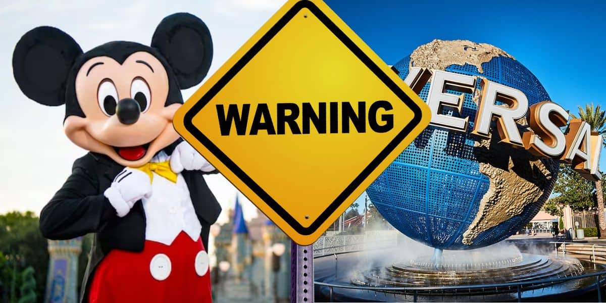 Mickey Mouse in a tuxedo with red shorts stands on the left, evoking a Disney World charm. A large warning sign takes center stage, while the Universal Orlando Resort globe structure emblazoned with "Universal" sits on the right, all set against a vibrant blue sky. Florida Climate Crisis Activates Extreme Risk Alert for Disney World, Universal Orlando