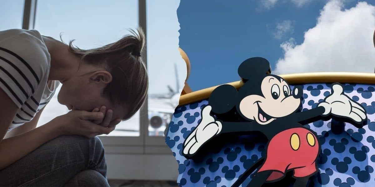 The image is split into two: on the left, a person sitting in a Florida Airport appears upset with their head in their hands; on the right, a large Mickey Mouse figure is displayed against a blue sky, reminiscent of Disney World Vacations.