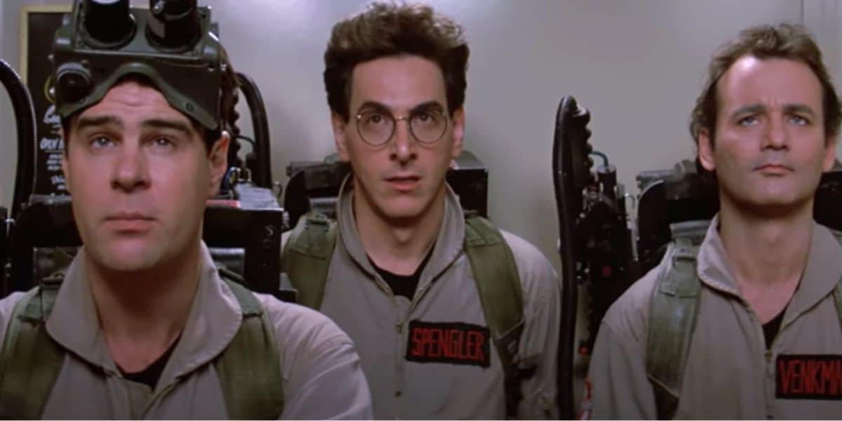 (L to R) Ray Stantz (Dan Aykroyd), Egon Spengler (Harold Ramis), and Peter Venkman (Bill Murray) in the elevator in 'Ghostbusters' (1984)