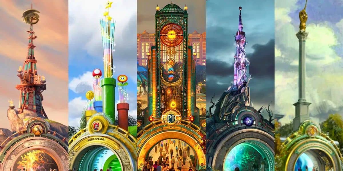 Five colorful, fantastical gateways represent themed lands: a post-apocalyptic tower, whimsical pillars with mushrooms and stars, an ornate clock tower, a jagged magical spire, and a classic column topped with a golden statue representing all 5 lands of the Epic Universe theme park coming on May 22, 2025 titled Epic Universe, with Florida Governor Ron DeSantis in attendance.