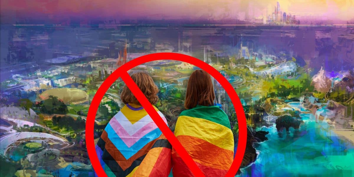 Two people with rainbow and pride flags draped over their shoulders are seen from behind, with a cityscape in the background. A large red prohibition symbol overlays the entire image with the Abu Dhabi Disney park in the background in the middle east.