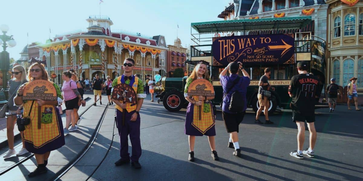 Disney Cast Members welcome Guests as they enter through Magic Kingdom for Mickey's Not So Scary Halloween Party