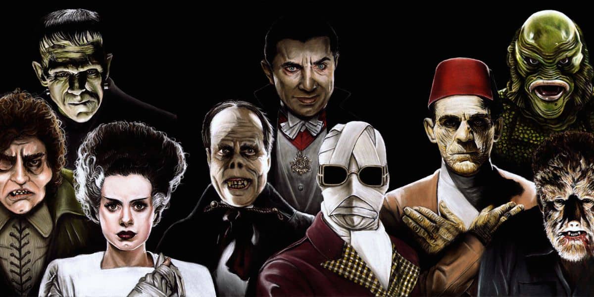 An artist rendering of all the classic Universal monsters from their original films in one photo together.