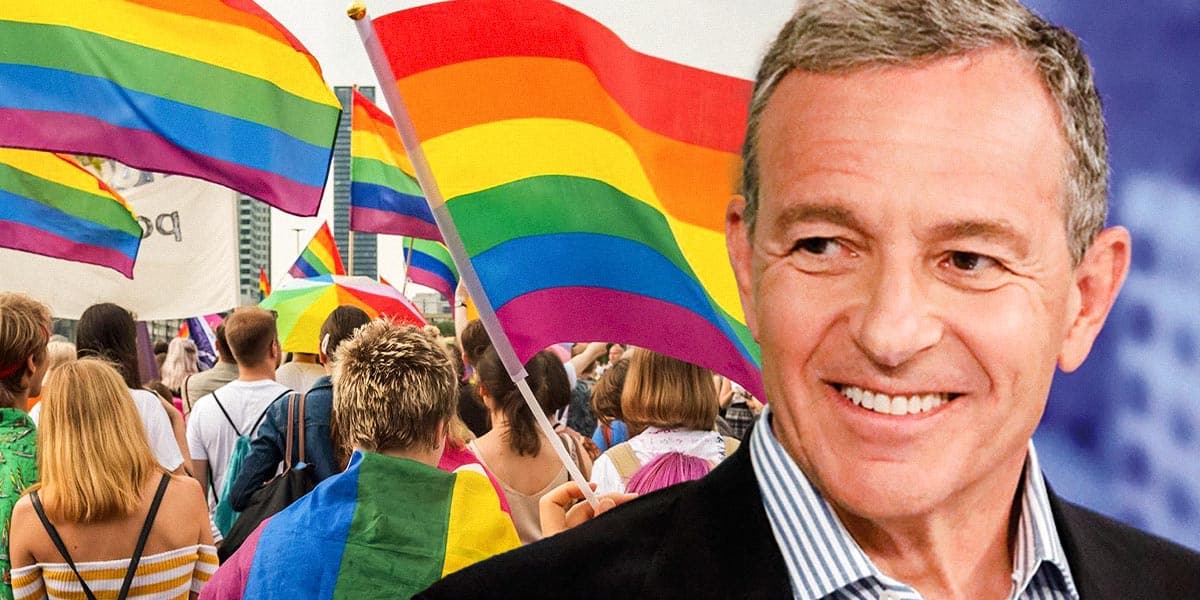 Bob Iger Disney CEO on the right and LGBTQ image as a background